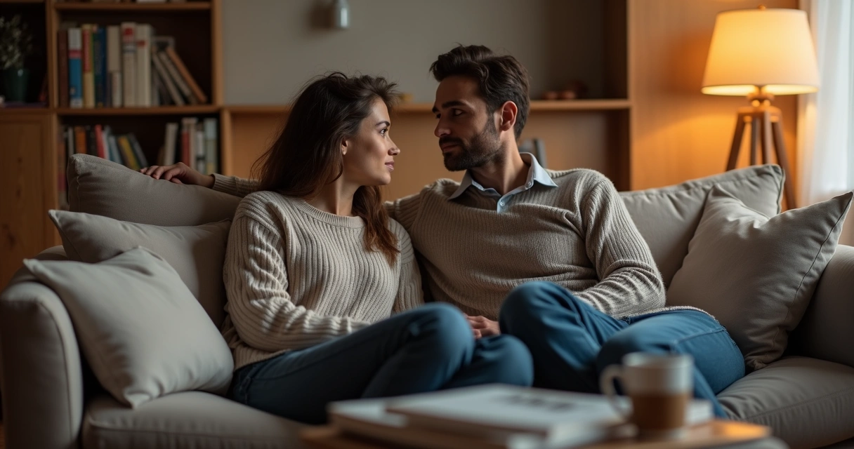 Casal conversando sentados em sofá sob luz suave 