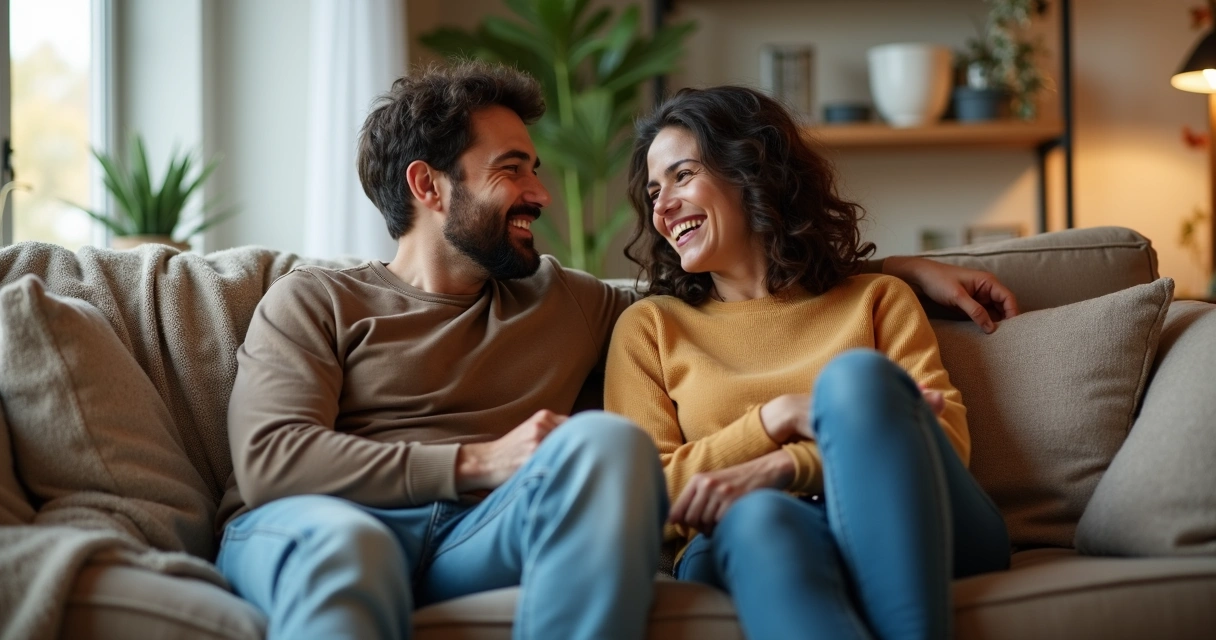 Casal conversando no sofá, sorrindo um para o outro
