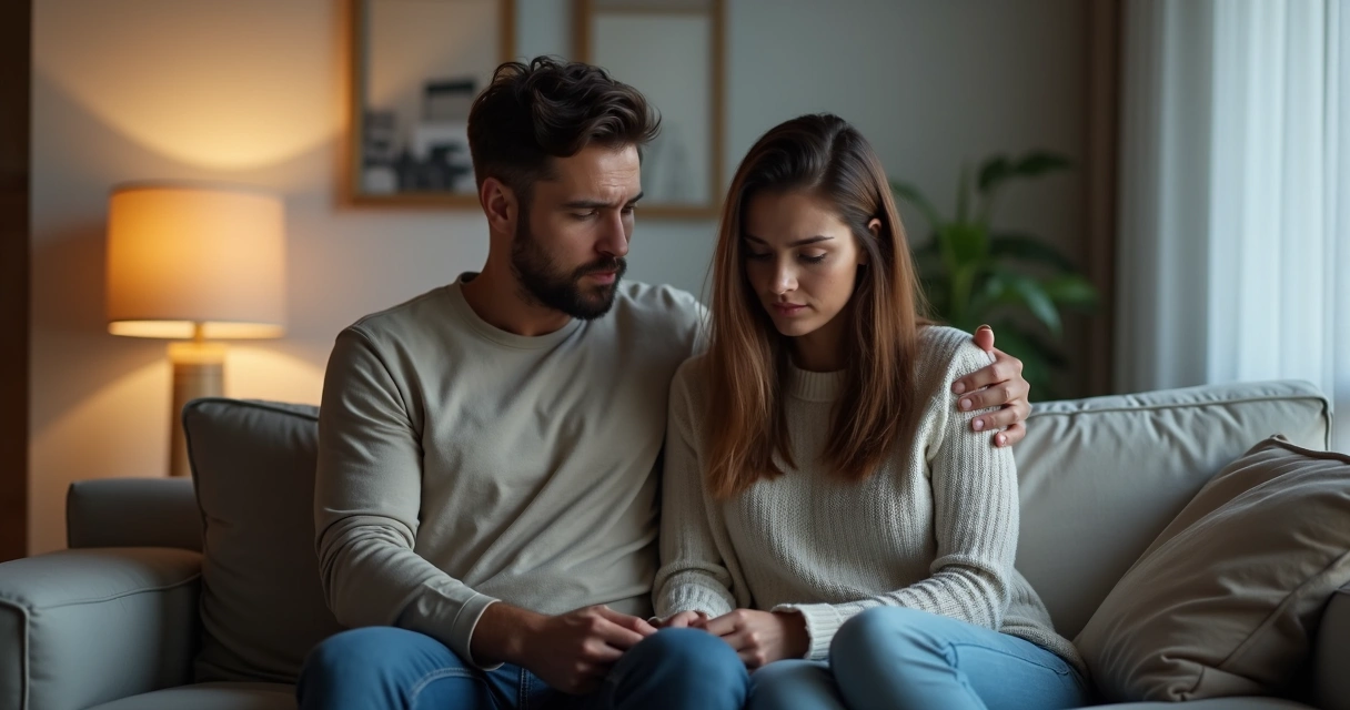 Casal sentado em um sofá olhando para baixo, com expressões de tristeza e distância emocional