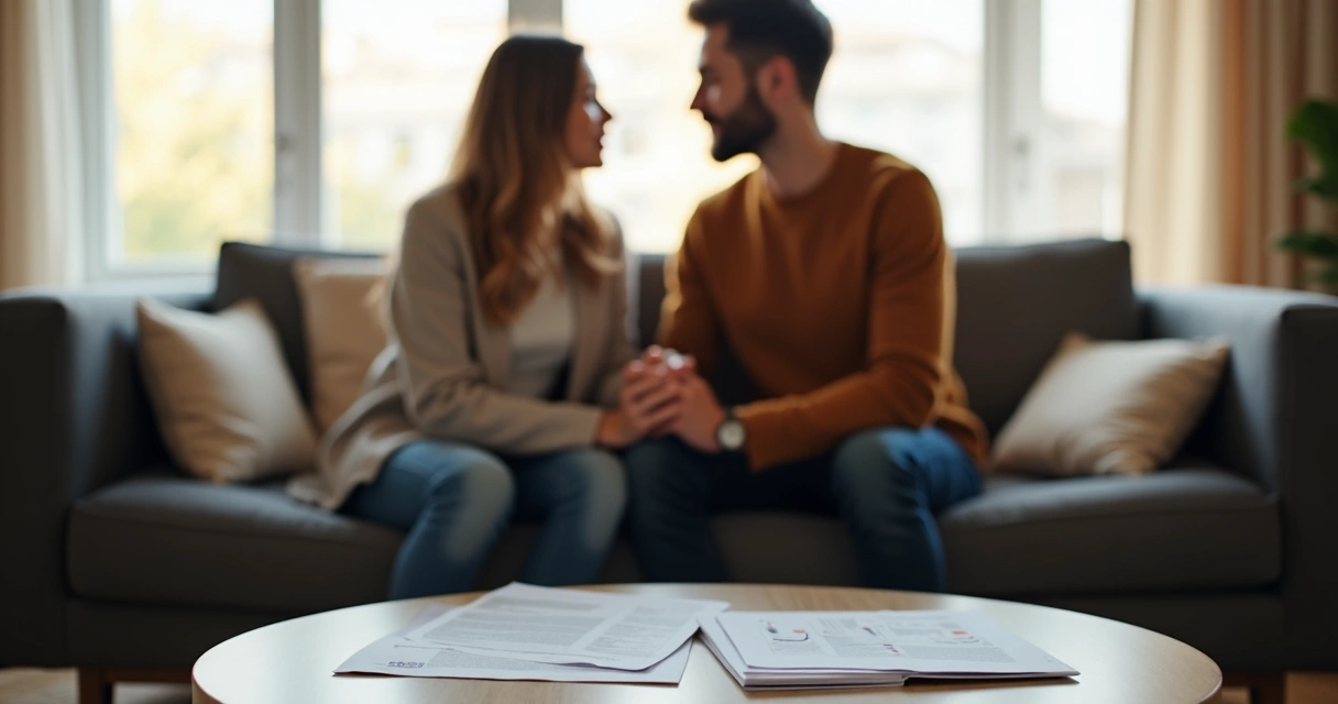 Casal conversa sentado em um sofá sobre decisão da vasectomia 