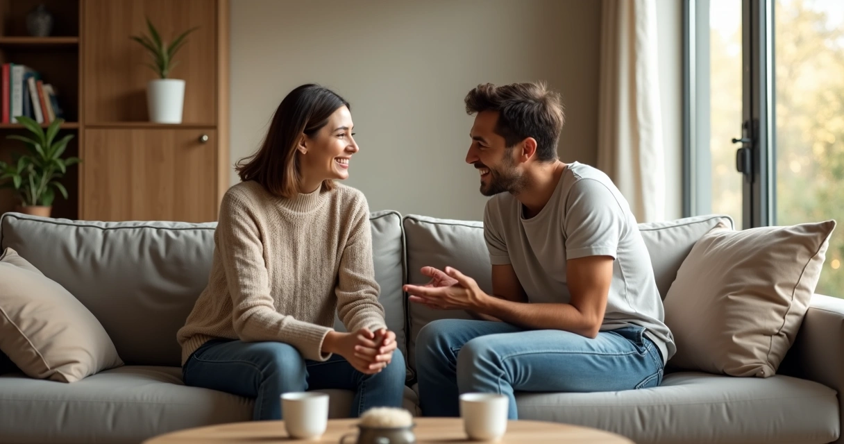 Casal sentado no sofá conversando com abertura emocional 