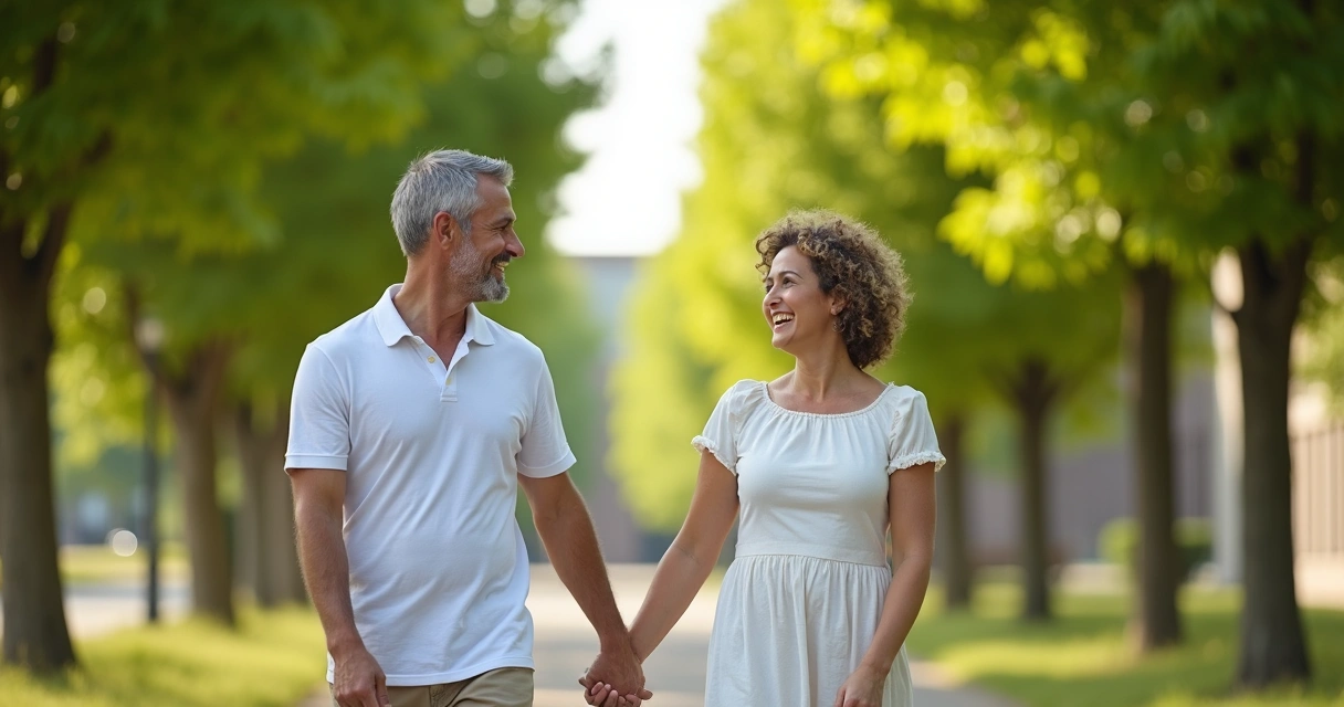 Casal sorrindo caminhando juntos ao ar livre 