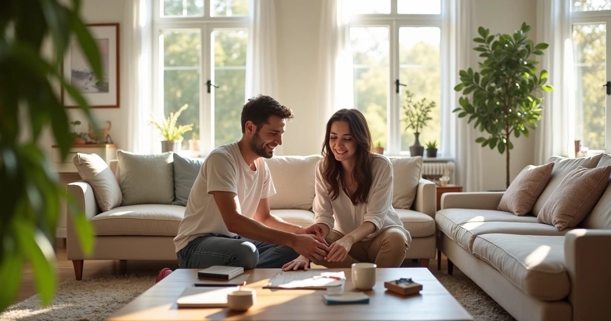 Casal organizando a casa juntos em sala iluminada