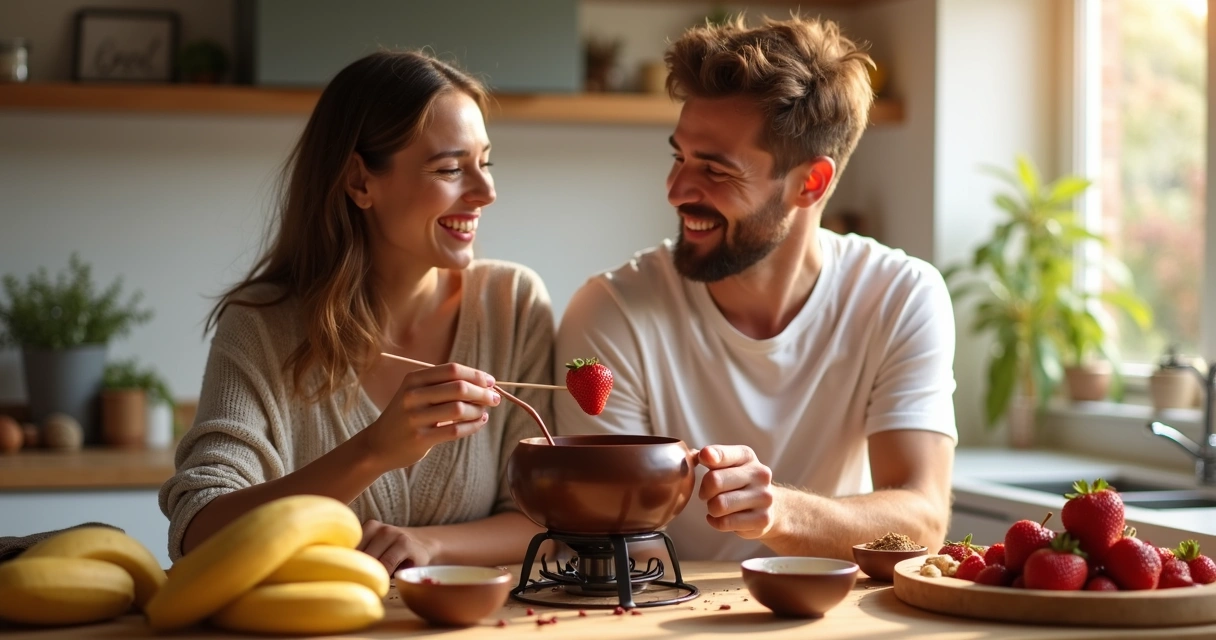 Casal preparando receita de chocolate juntos na cozinha 