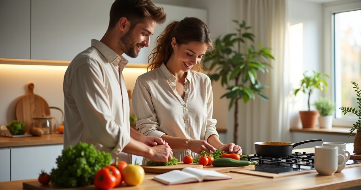 Casal jovem cozinhando juntos em cozinha iluminada e organizada 