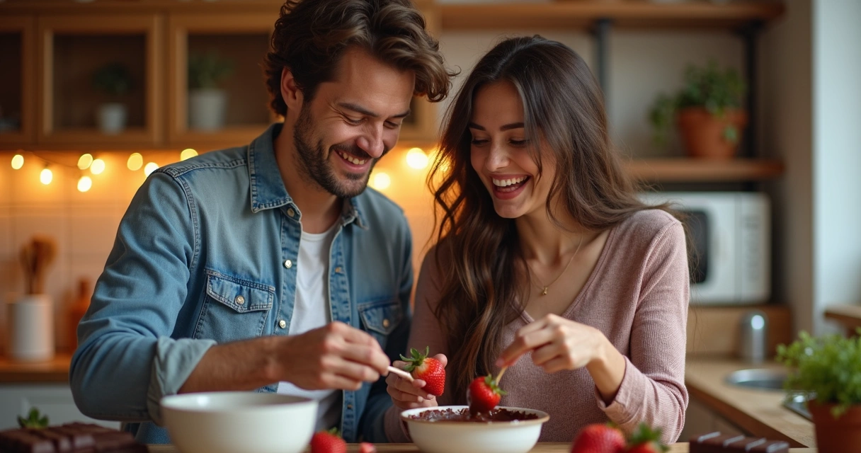 Casal cozinhando juntos em clima de romance e diversão 