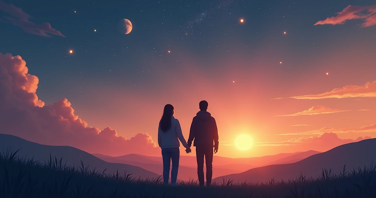 Casal de mãos dadas olhando para símbolos astrológicos que brilham no céu noturno. 