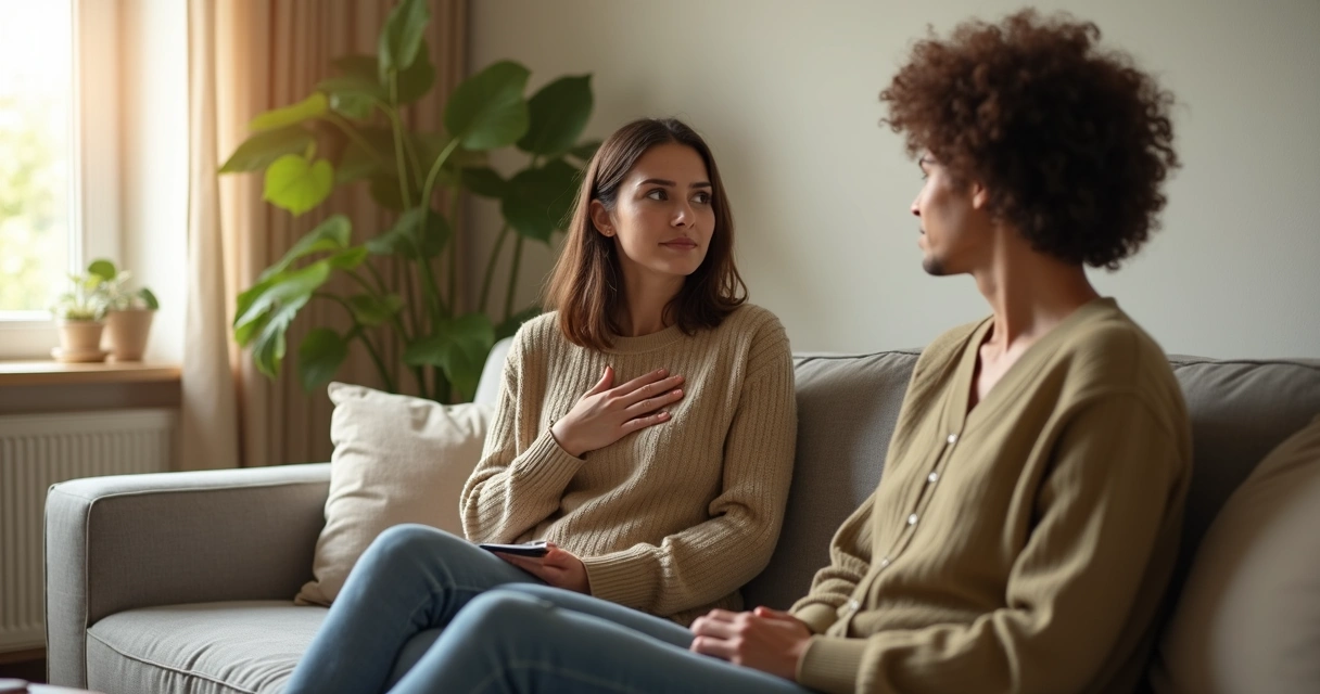 Casal em conversa íntima e respeitosa em sofá, demonstrando limites saudáveis 
