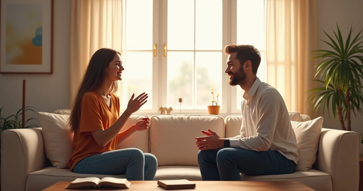 Casal conversando em uma sala iluminada, sentados frente a frente, falando com calma 