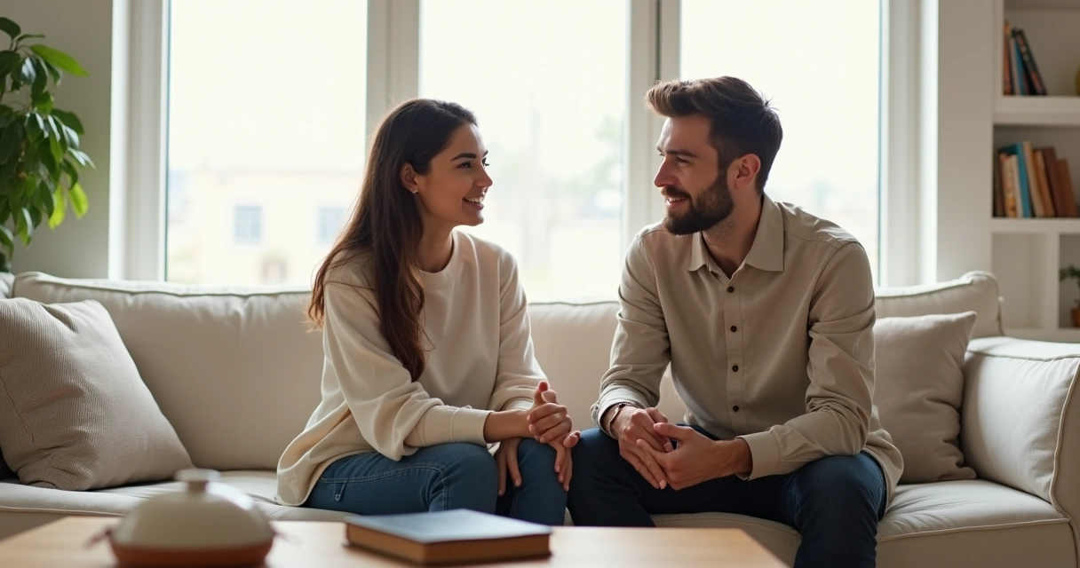 Casal cristão conversa sobre escolhas modestas em sala moderna