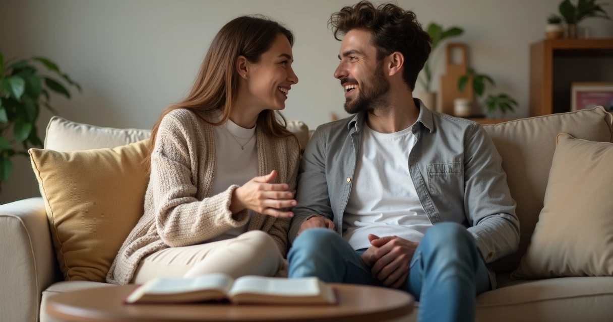 Casal sentado no sofá conversando com Bíblia aberta 