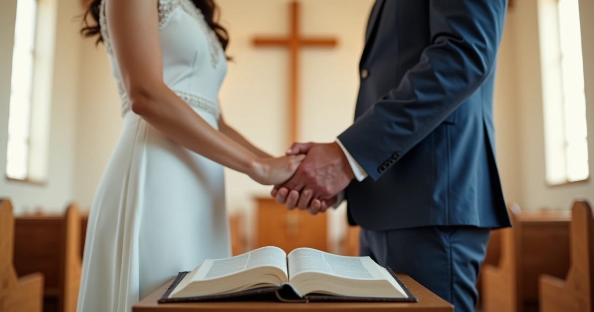 Casal cristão de mãos dadas diante de altar simples com Bíblia aberta 