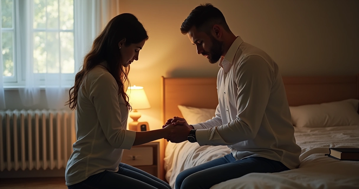 Casal cristão orando de mãos dadas junto à cama 