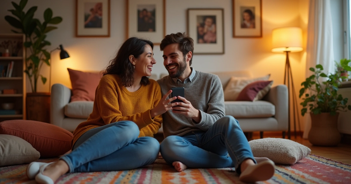 Casal sorridente ouvindo música juntos em casa 
