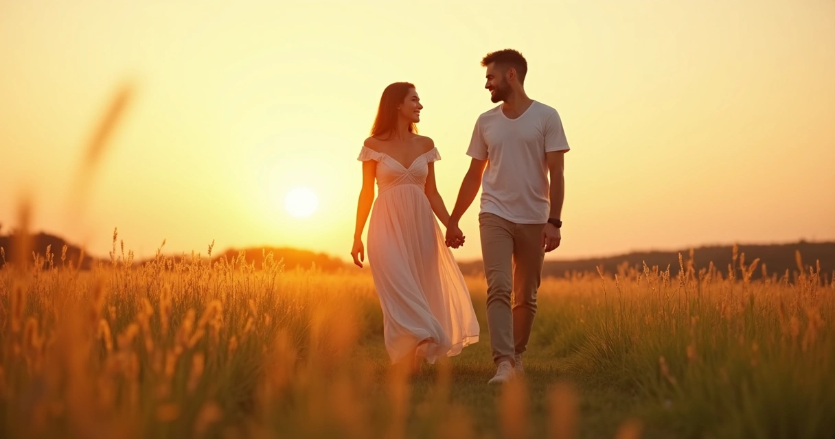 Casal de mãos dadas caminhando em campo ao pôr do sol 
