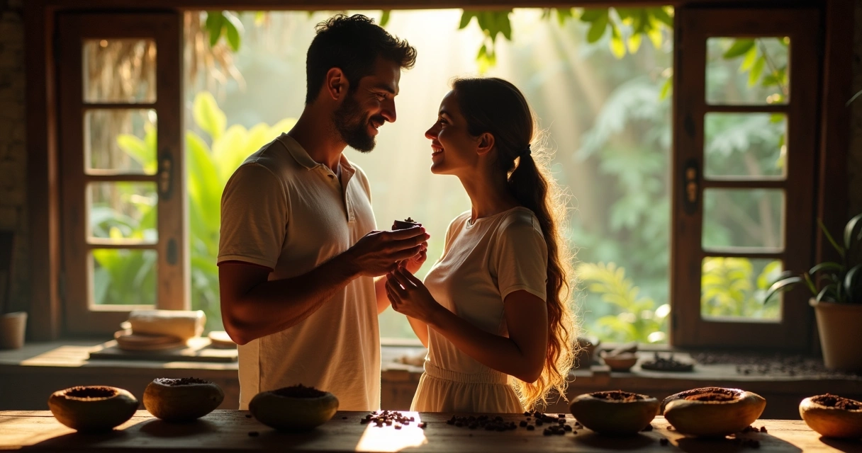 Casal em fazenda de cacau degustando chocolate artesanal