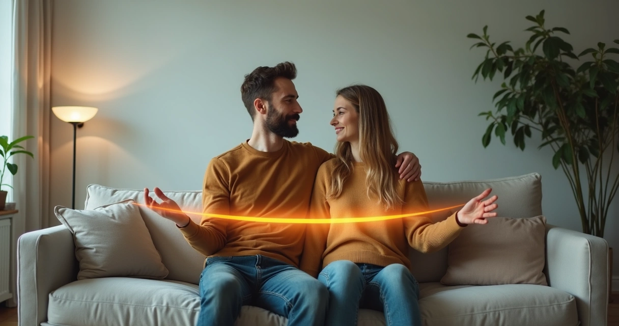 Casal sentado em sofá traçando limites emocionais com linha luminosa no centro 