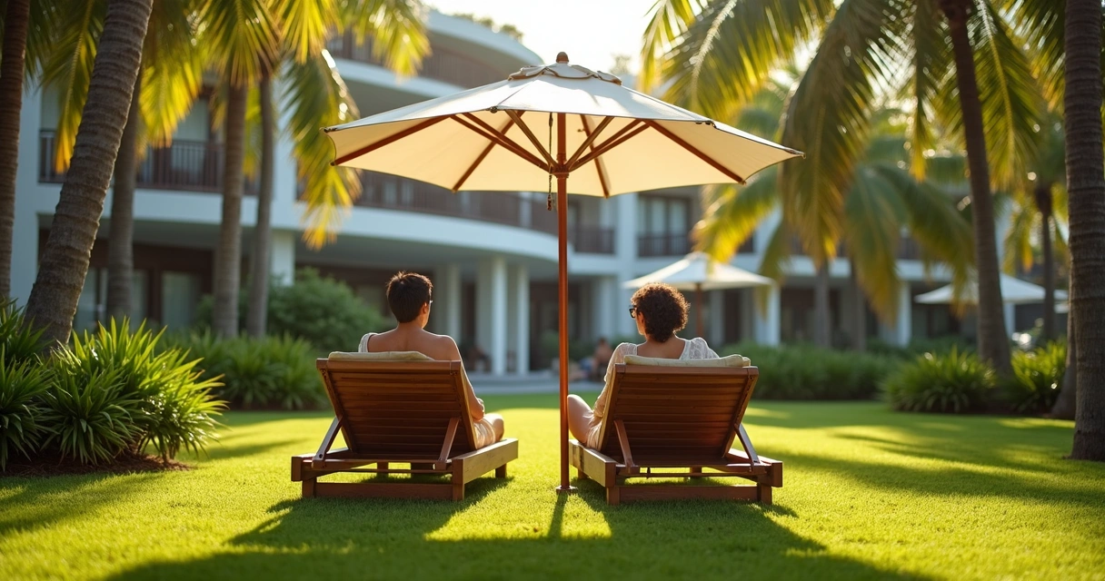 Casal descansando em jardim de hotel 