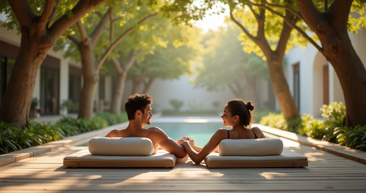 Casal relaxando em um lounge ao ar livre cercado por árvores verdes 