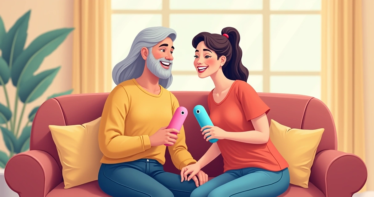 Casal sentado sorrindo enquanto segura vibrador juntos 