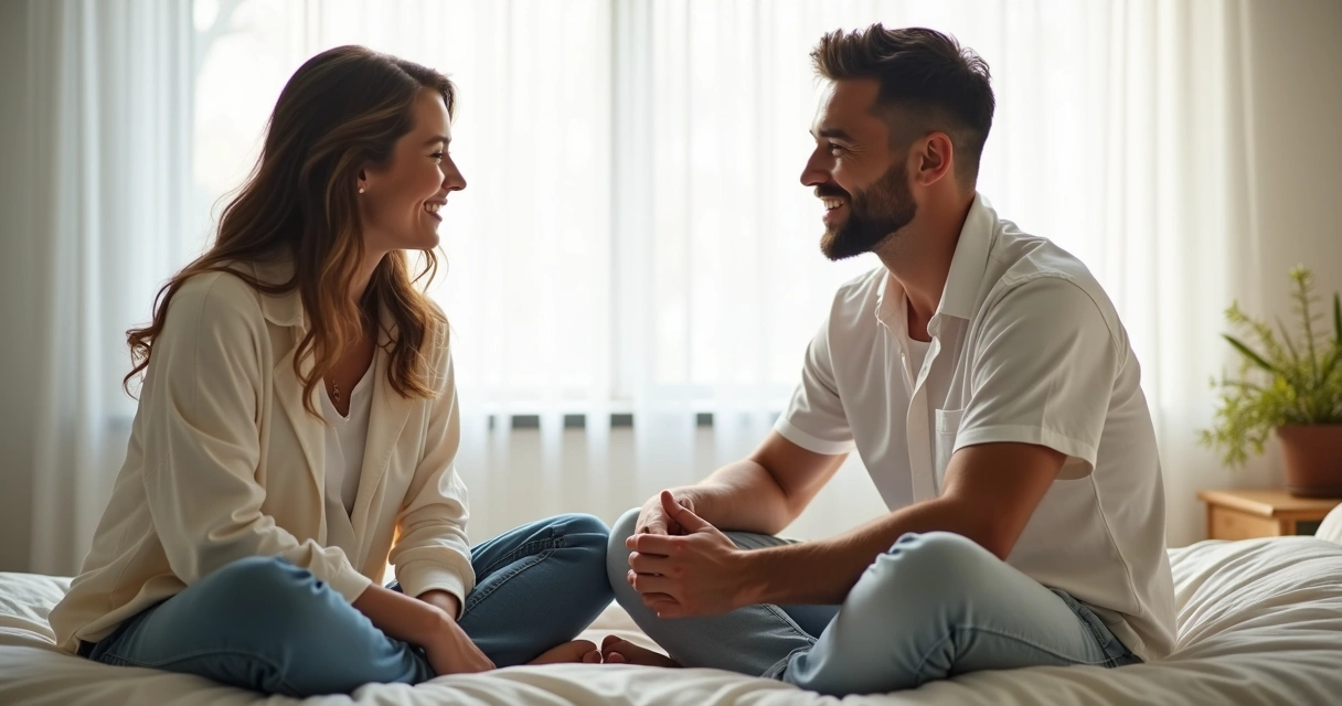 Casal sentados na cama conversando descontraídos 