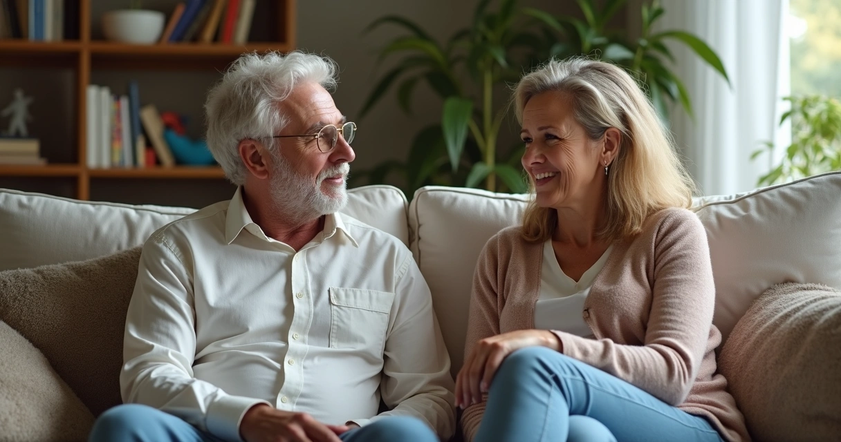 Casal adulto conversando calmamente em um sofá de sala 