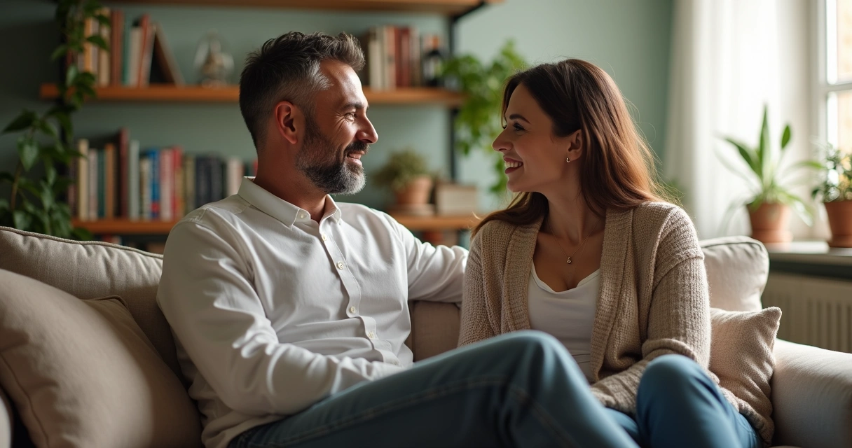 Casal sentado conversando em tom calmo e compreensivo 