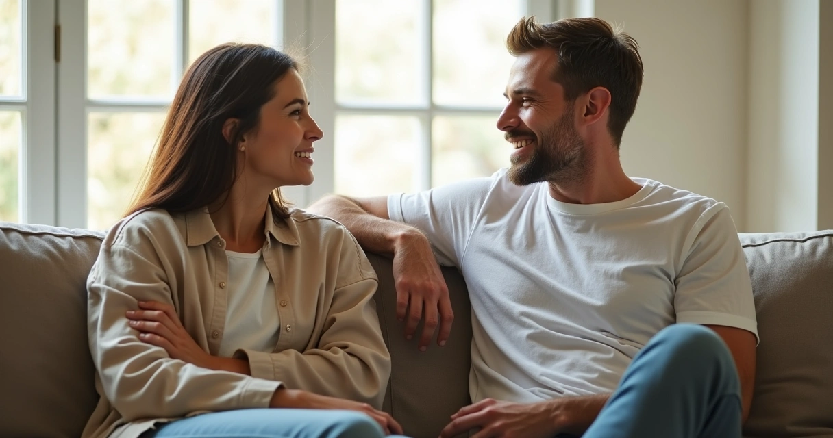 Casal sentado em sofá de madeira olhando um para o outro em conversa tranquila 