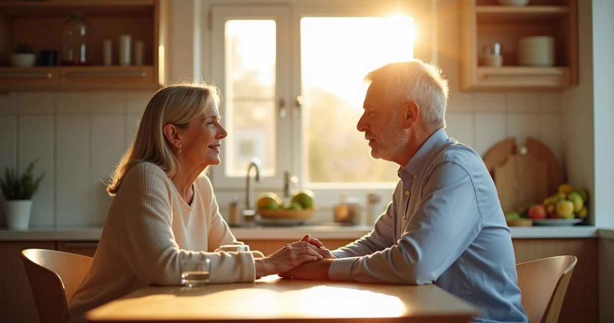 Casal dialogando na mesa da cozinha 