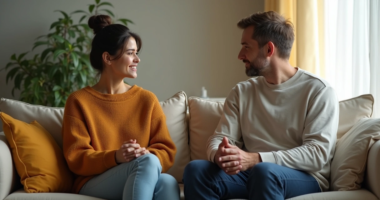 Casal sentado no sofá conversando de frente um para o outro 