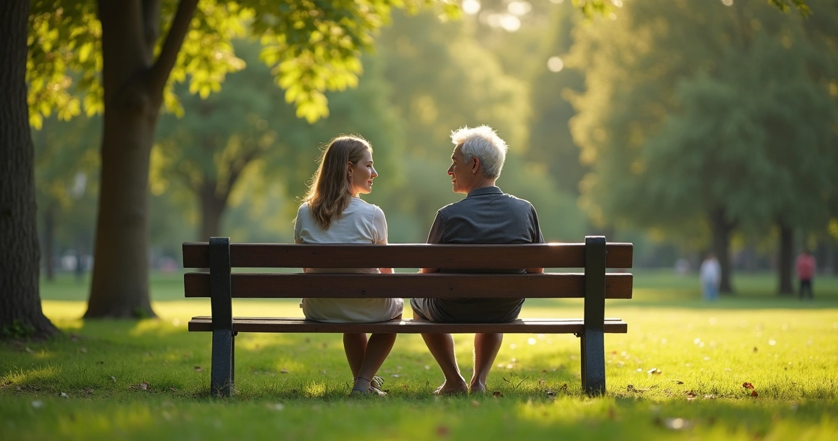 Casal sentado no parque conversando com expressões calmas 