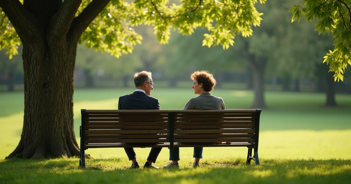 Casal adulto conversando sentados em banco de parque com árvores 