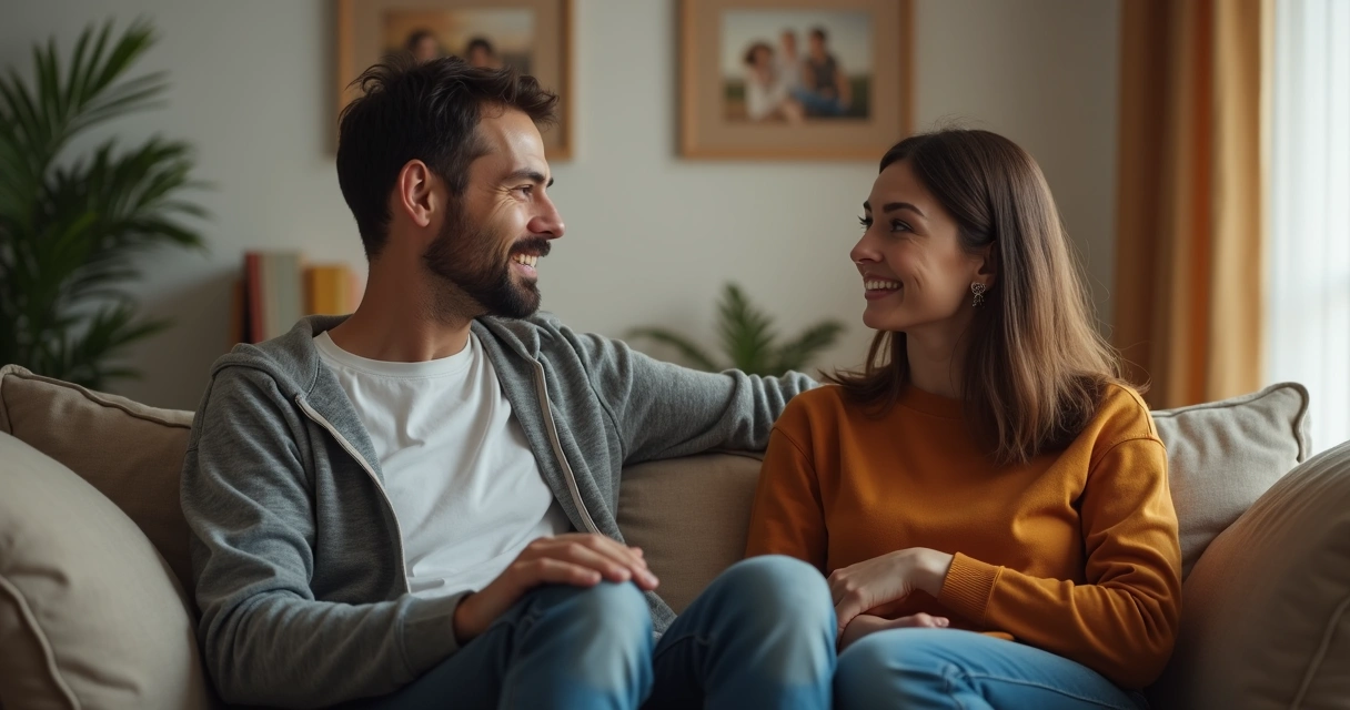 Casal conversando com respeito e empatia no sofá 