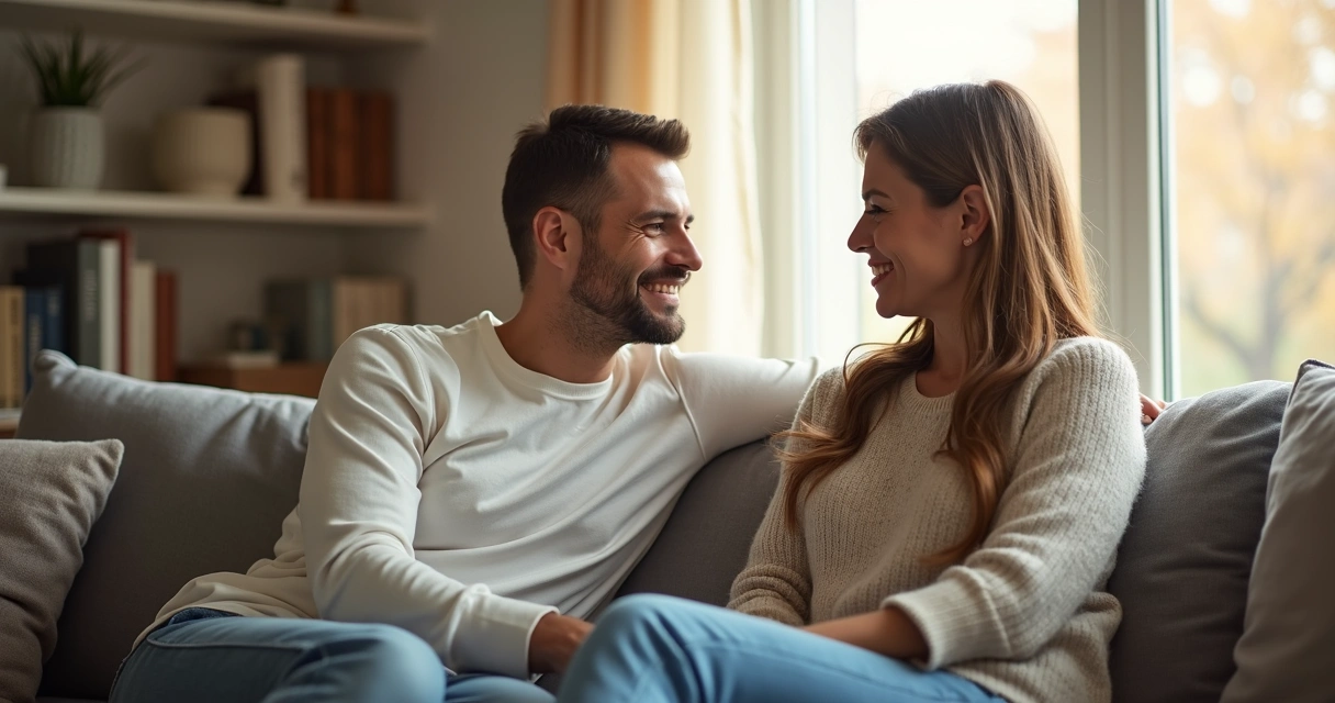 Casal conversando sentado em um sofá, trocando olhares atentos e compreensivos 