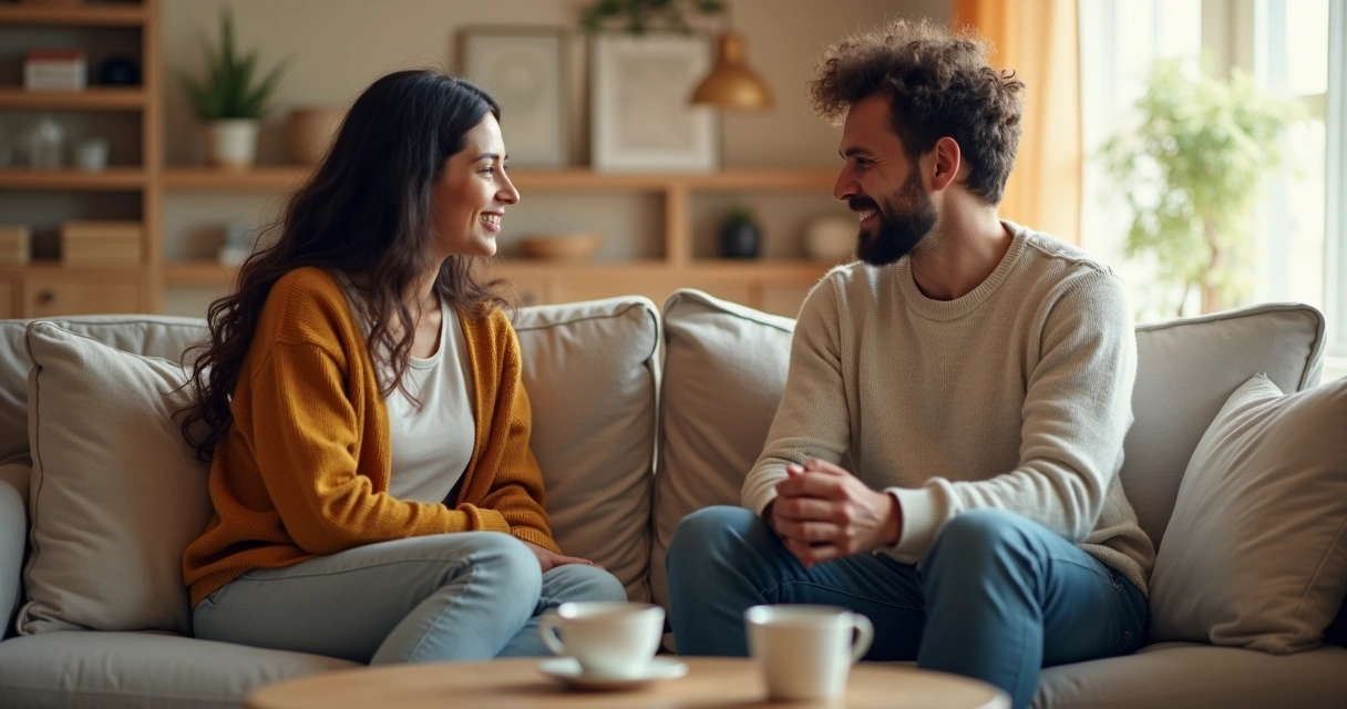 Casal sentado juntos no sofá, conversando em ambiente confortável 