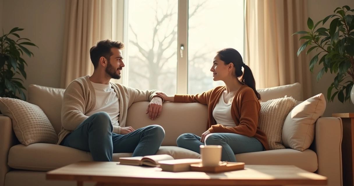 Casal sentado em um sofá conversando calmamente 