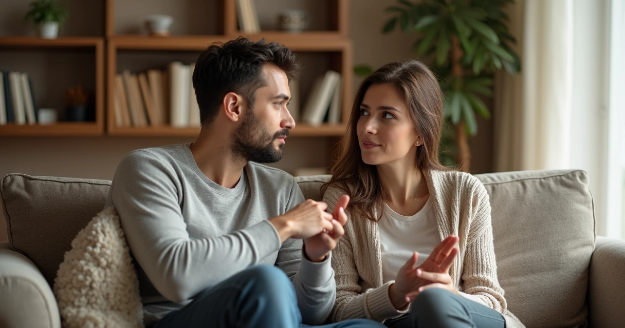 Casal sentado, conversando de forma séria. 