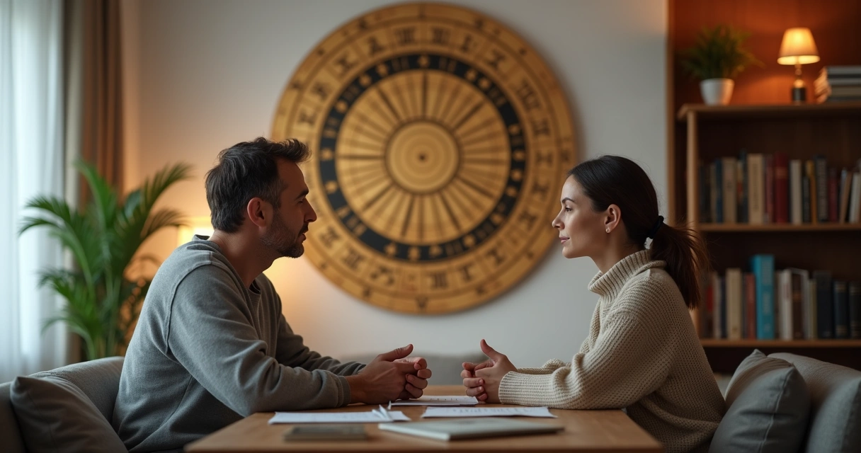Dois parceiros conversando com serenidade ao lado de um mural astrológico 