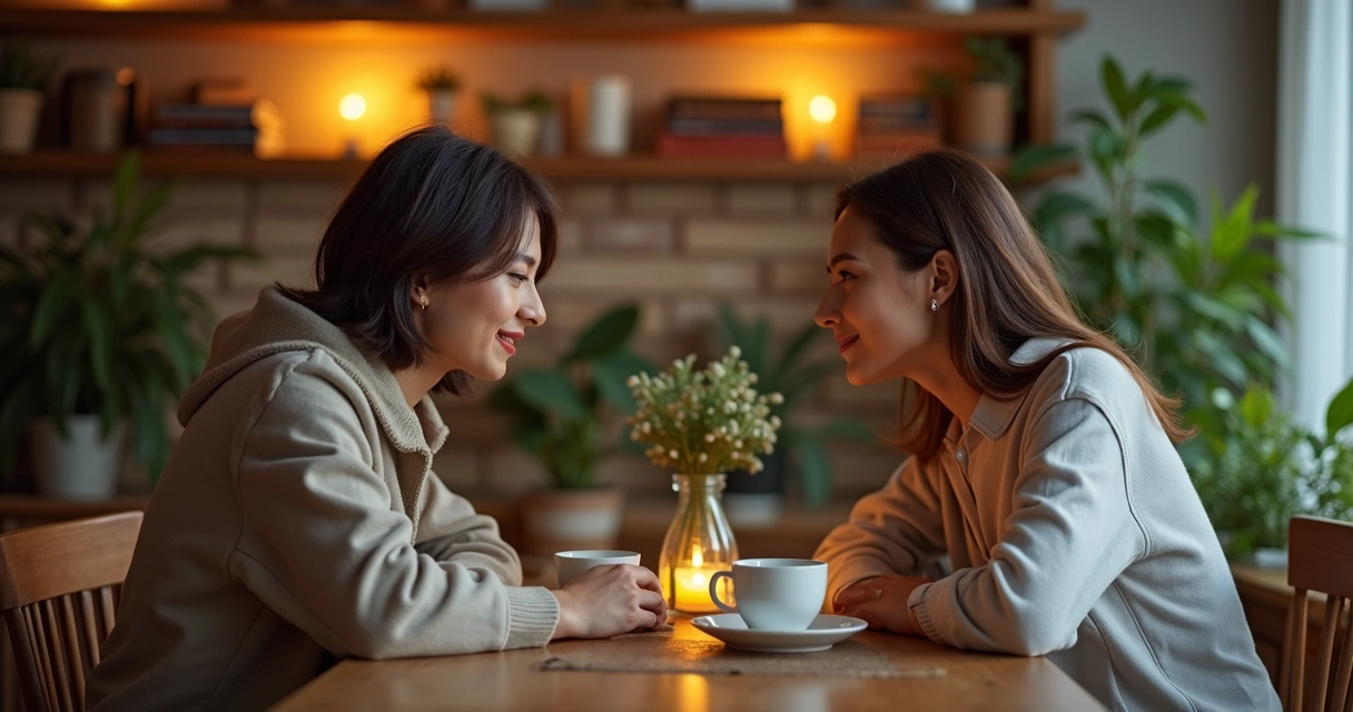 Casal sentado frente a frente conversando com atenção e serenidade 