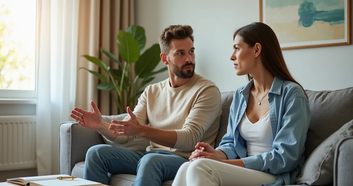 Casal conversando com calma em sofá com foco em autorresponsabilidade emocional 