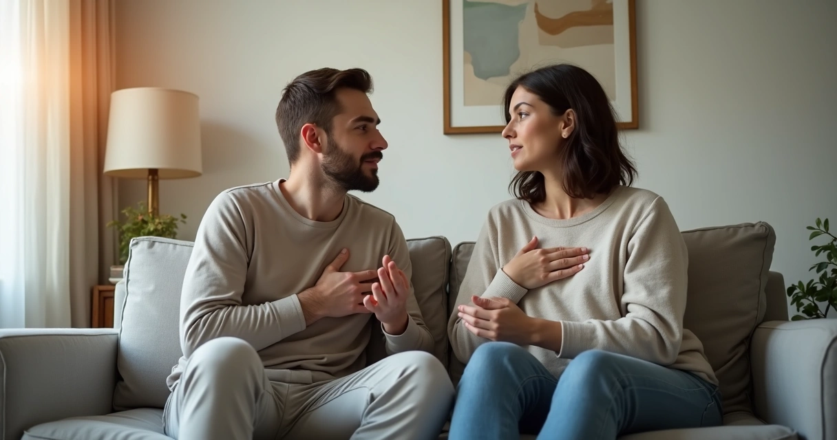 Casal sentado no sofá conversando com calma em sala aconchegante 