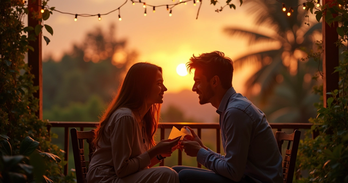 Casal conversando na varanda segurando cartas