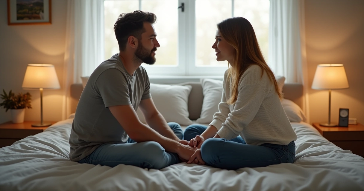 Casal conversando calmamente no quarto, sentados na cama