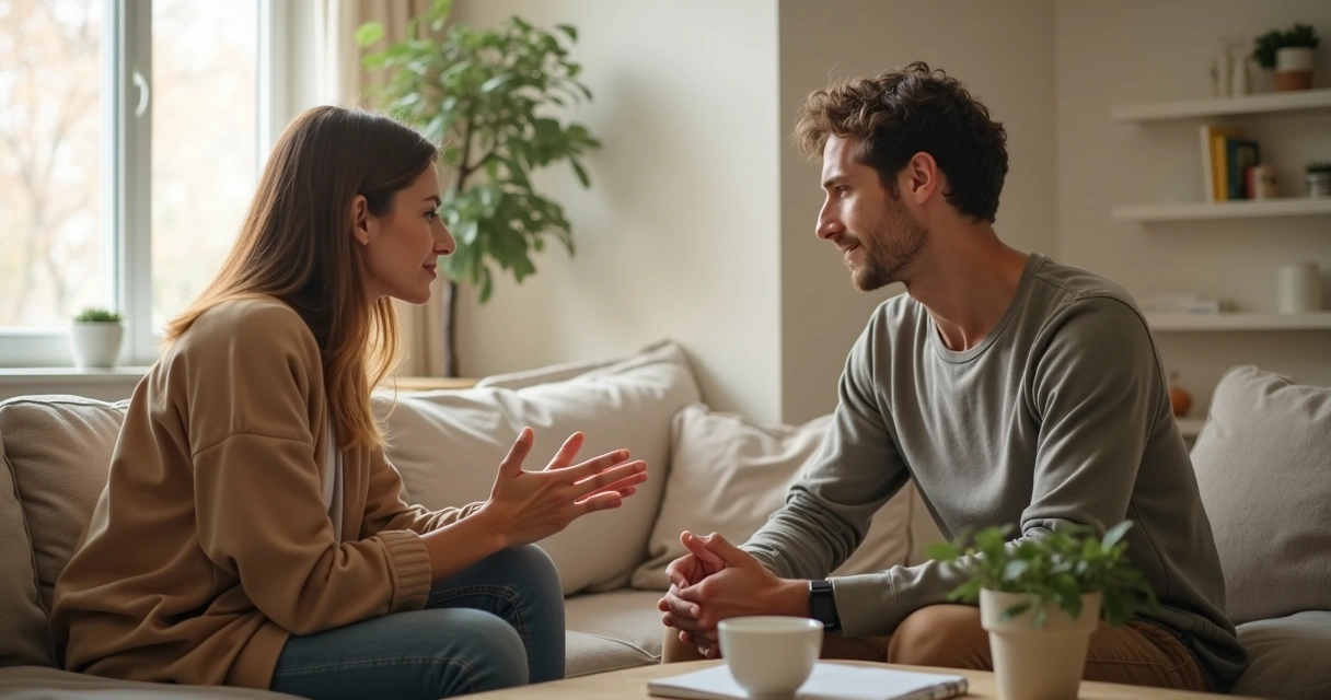 Casal conversando com calma em sala iluminada