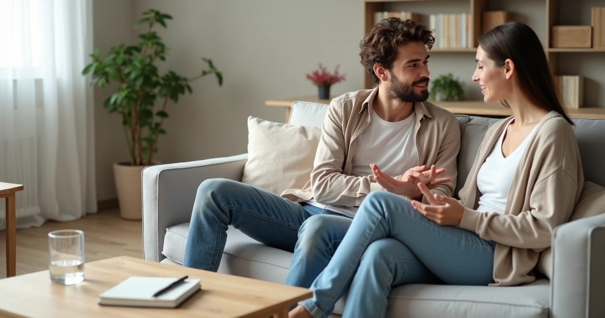 Casal conversando com calma no sofá em clima de reconciliação 