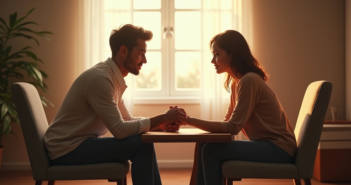 Casal frente a frente, conversando de mãos dadas, clima íntimo e respeitoso. 