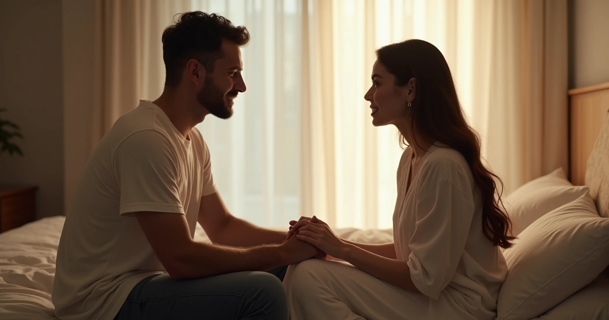 Casal sentado na beira da cama conversando sobre a relação sexual 