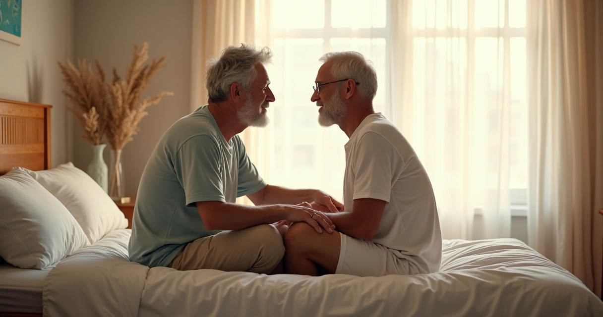 Casal maduro em quarto, sentados na cama conversando