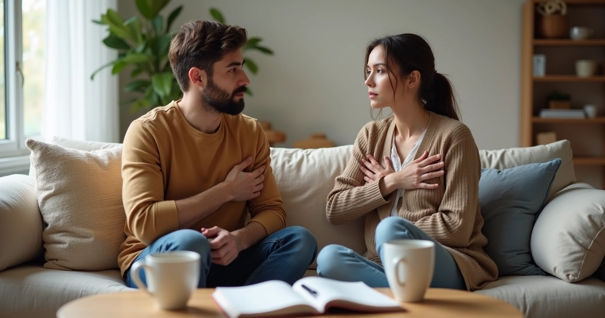 Casal sentado em sofá se olhando com calma enquanto conversa e estabelece limites saudáveis 