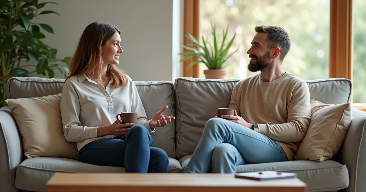 Casal sentado em sofá conversando com calma em sala iluminada 